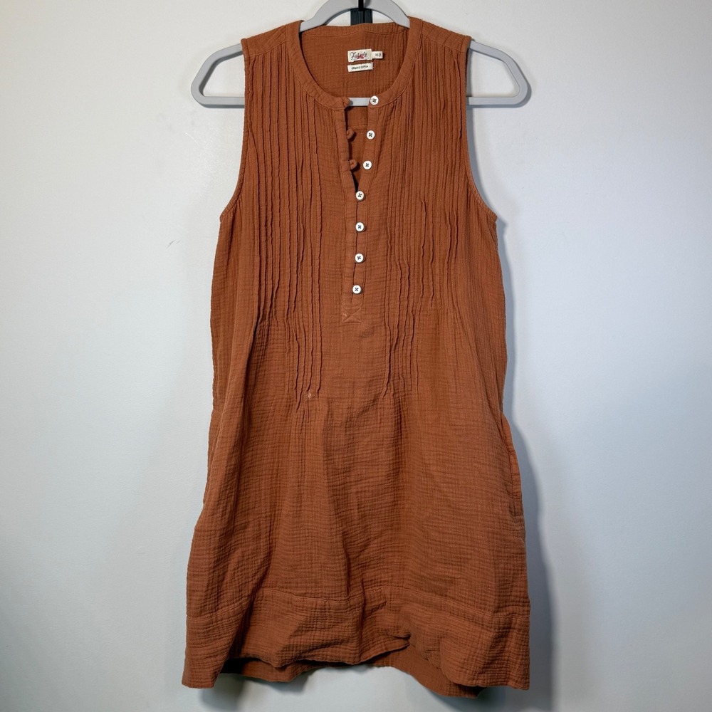 Faherty Pintuck Gauze Henley Dress Womens XS Rust Orange Organic Cotton Boho